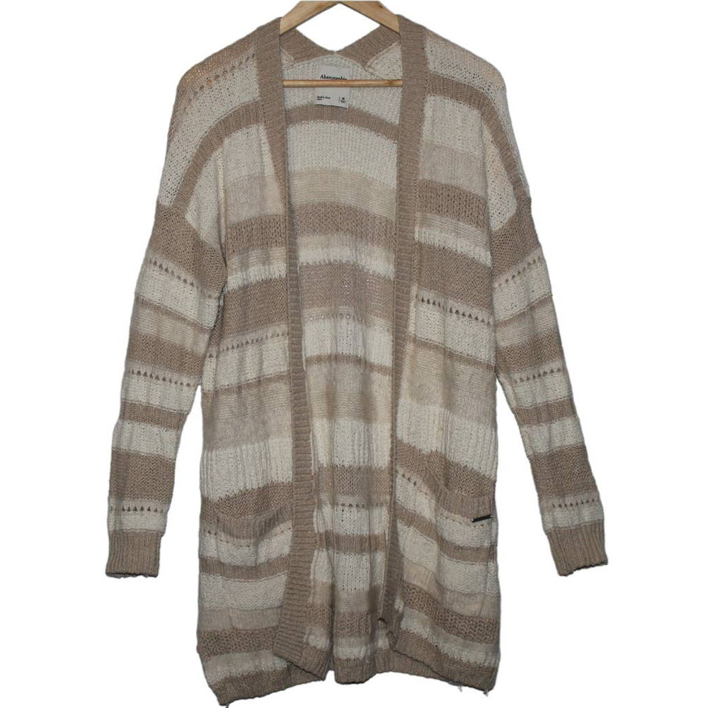 Womens Abercrombie & Fitch Cream Tan Knit Striped Cardigan Sweater Size Medium M